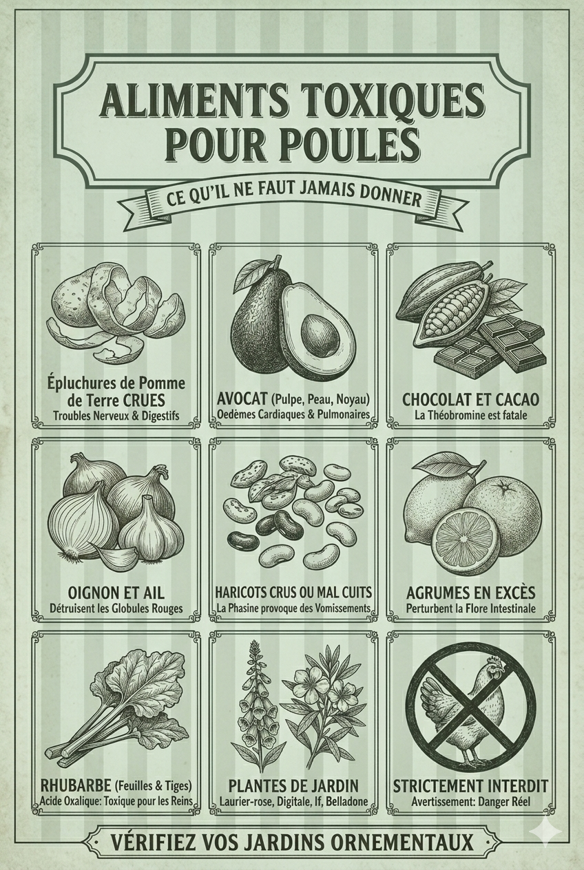 Aliments toxiques pour les poules : avocat, chocolat, oignon, pomme de terre crue, rhubarbe